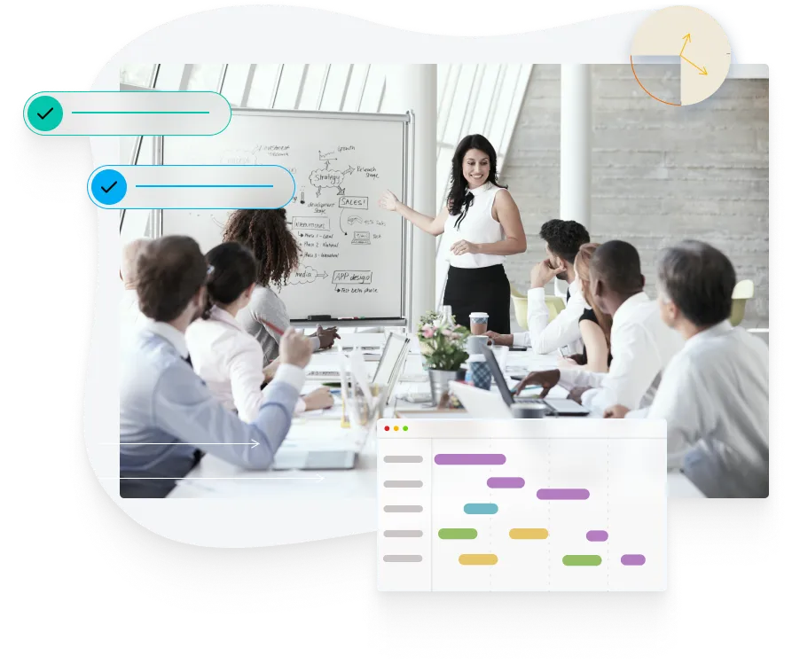 The image showcases a bright and professional setting where a confident woman stands in front of a whiteboard, presenting to a group of diverse individuals seated around a table. They appear engaged, with some taking notes. The scene is overlaid with graphic elements: two blue chat bubbles with check marks, possibly indicating completed tasks or topics, a circular element highlighting a detail, and a digital interface resembling a task list or agenda on the bottom right. This composition highlights an interactive and organized group training session, emphasizing collaboration and structured learning, representative of Link Education's Group Training.